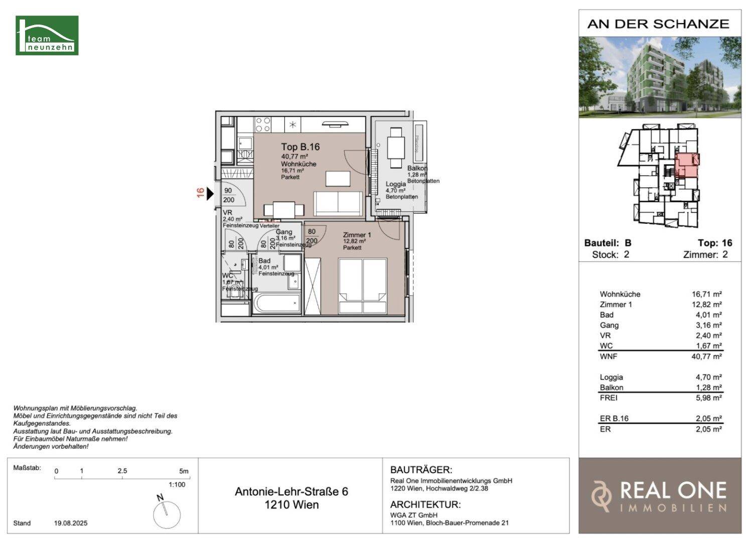 Grundriss der Wohnung Top B-16 mit Wohnküche, Zimmer, Bad, WC und Loggia.