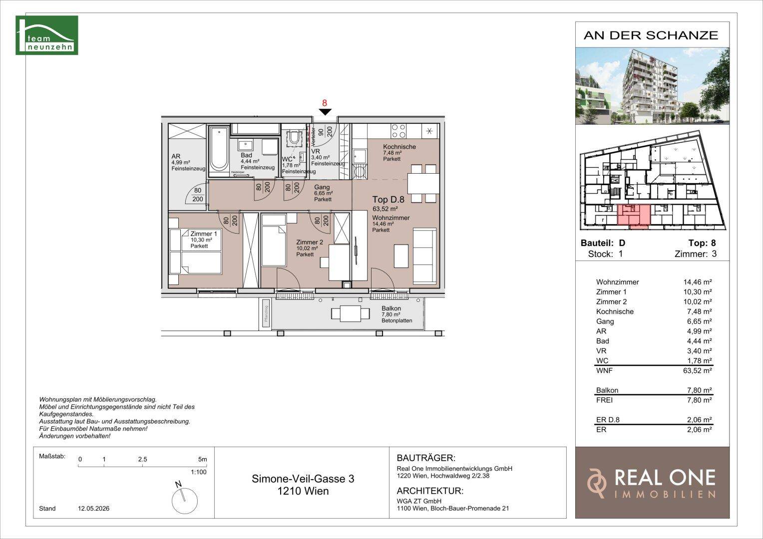 Detaillierter Grundriss einer Wohnung mit drei Zimmern, Balkon und Bad.