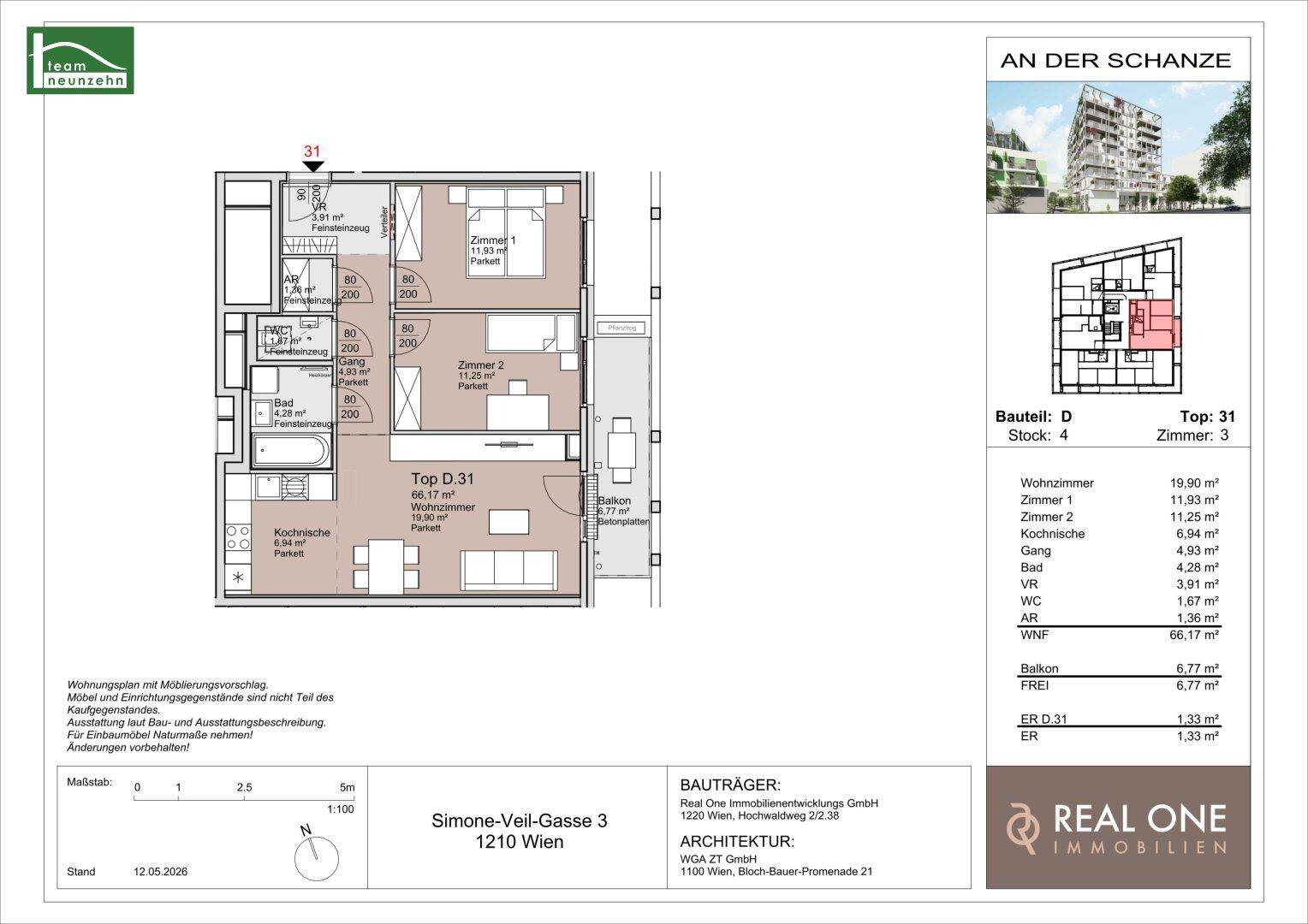 Detaillierter Grundriss einer Dreizimmerwohnung mit Wohnzimmer, zwei Schlafzimmern und Balkon.