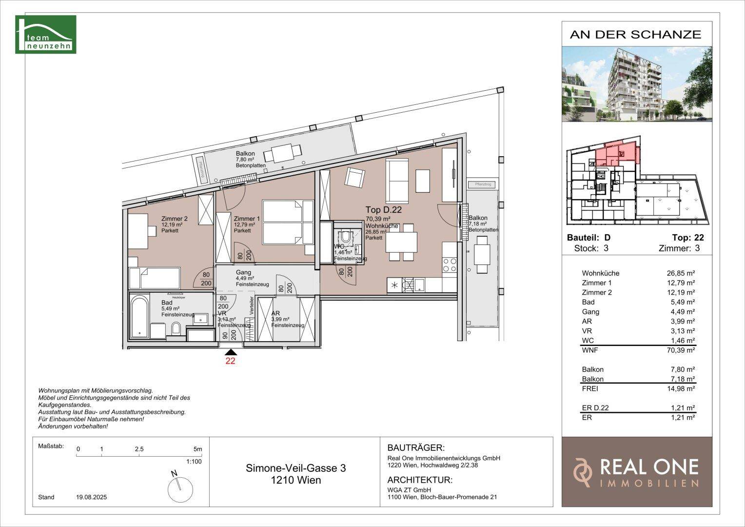 Grundriss der Wohnung Top 22 in Bauteil D mit Balkon und detaillierter Raumaufteilung.