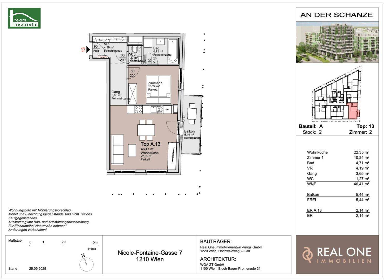 Grundriss der Wohnung Top A.13 mit 46,41 m² Wohnfläche und Balkon.