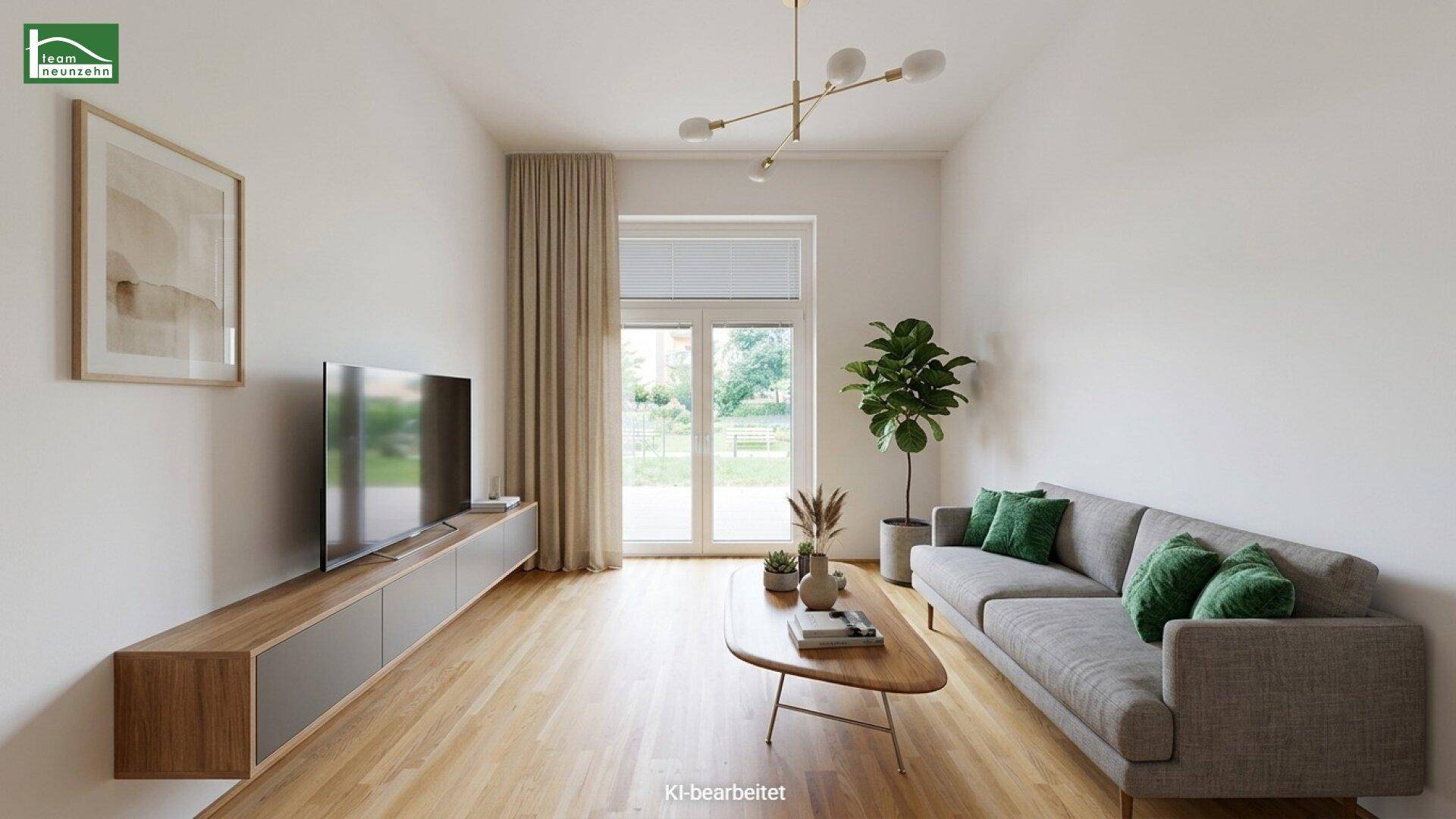 Helles, modernes Wohnzimmer mit Holzboden, hohen Decken und direktem Zugang zum Garten.