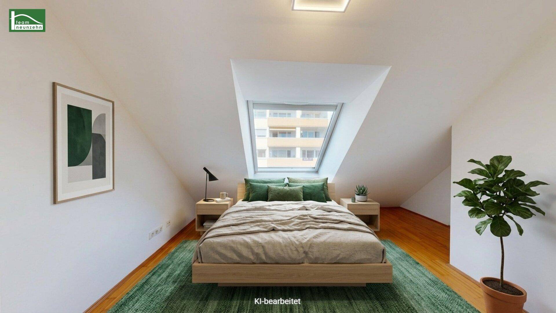 Helles Schlafzimmer im Dachgeschoss mit Dachfenster, Holzboden und modernem Design.