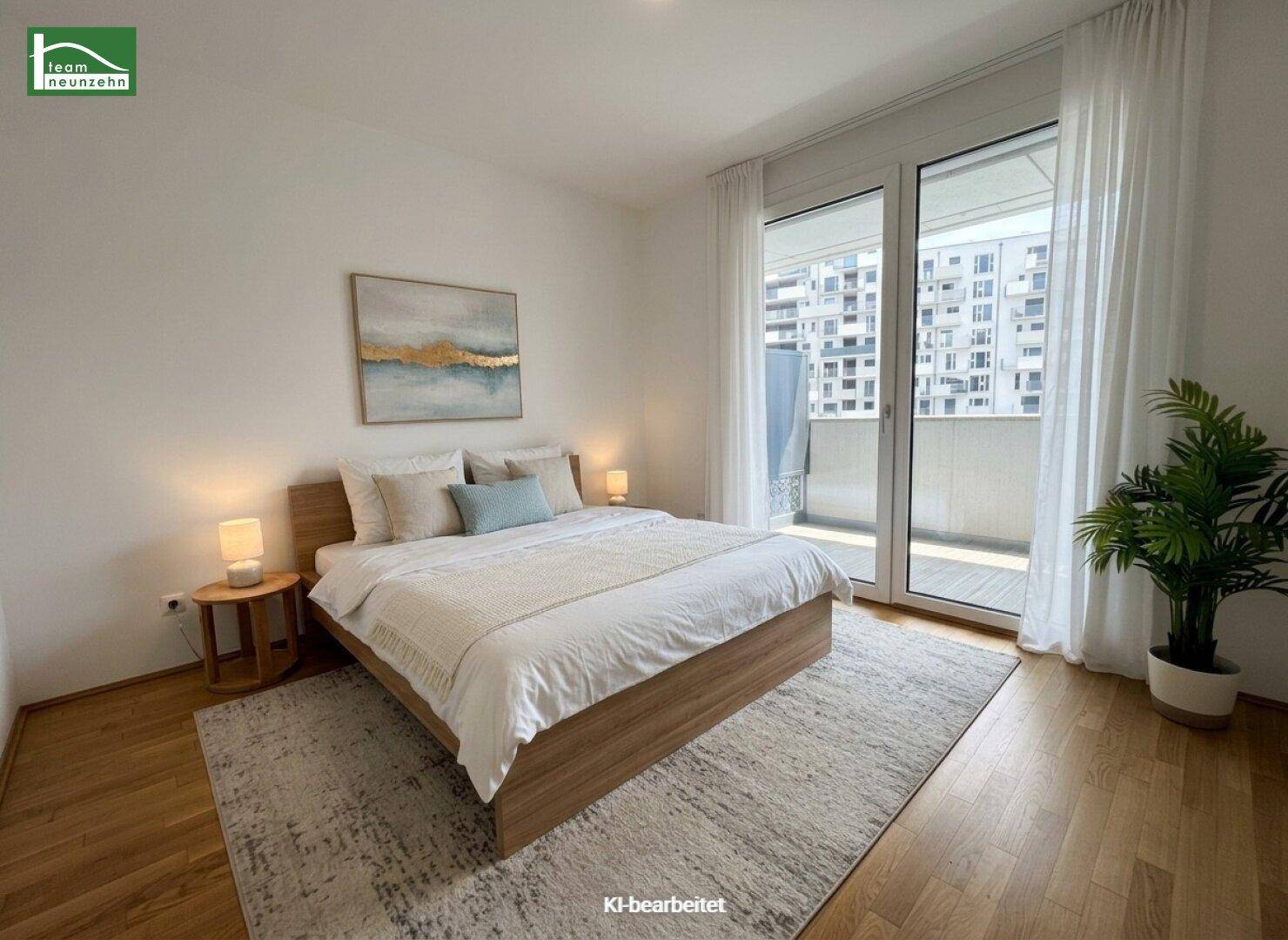 Helles Schlafzimmer mit Holzbett, Parkettboden und Zugang zu einem Balkon mit Stadtblick.