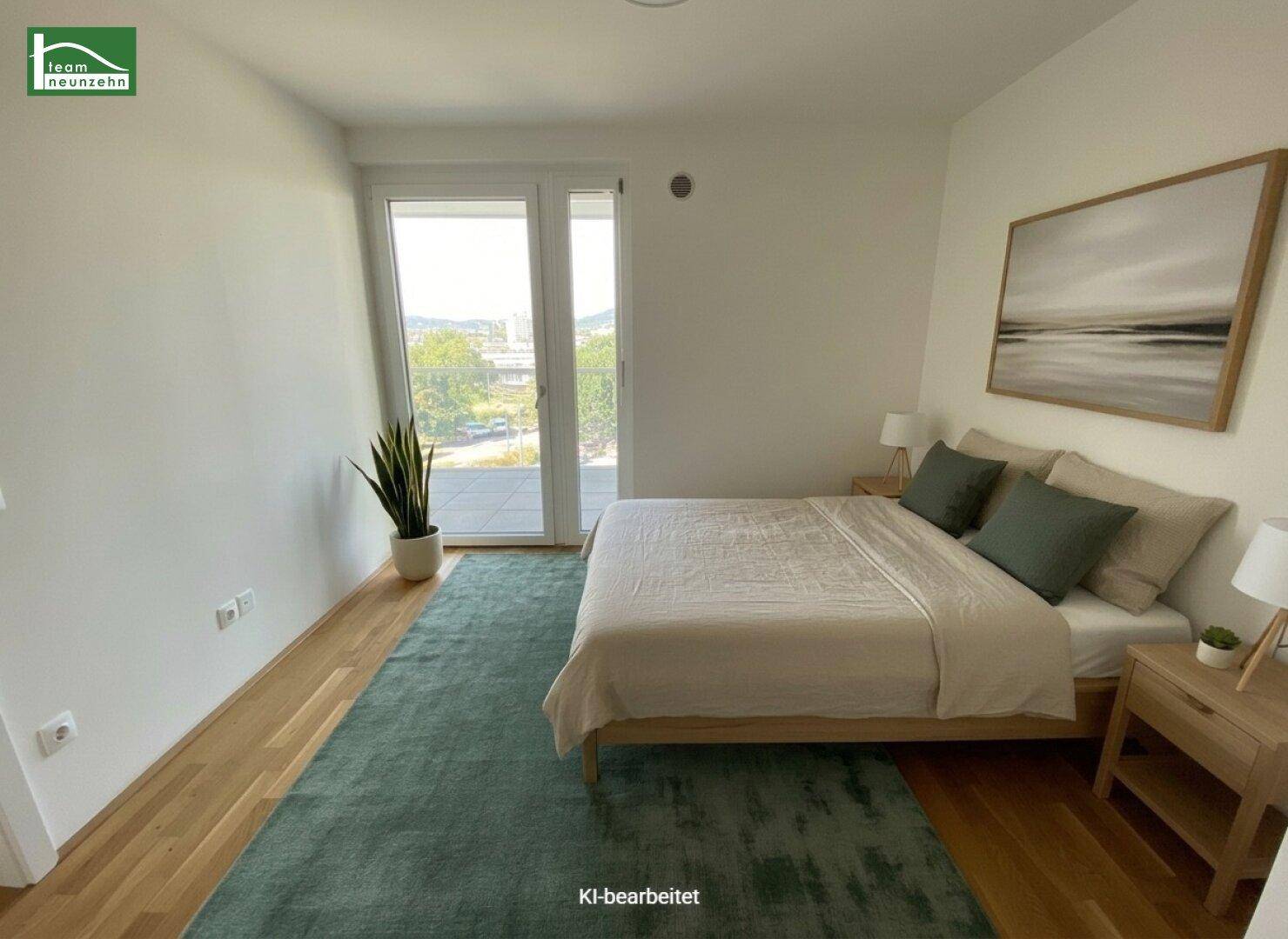 Modern eingerichtetes Schlafzimmer mit Parkettboden, großem Fenster und Zugang zum Balkon.