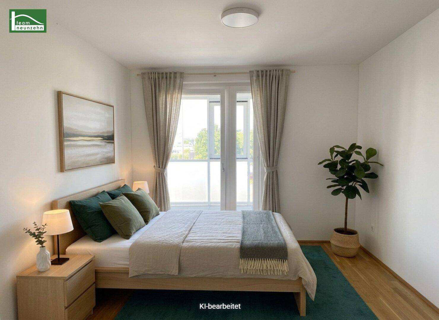 Gemütliches Schlafzimmer mit Holzbett, Parkettboden und Vorhängen, mit Zugang zum Balkon.