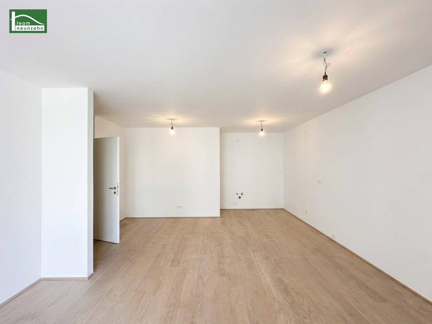Geräumiges, unmöbliertes Wohnzimmer mit hellem Holzboden und weißen Wänden.