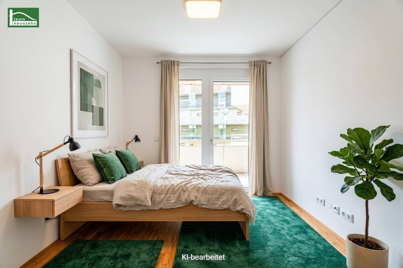 Modernes Schlafzimmer mit Holzbett, grünen Akzenten und Zugang zum Balkon.
