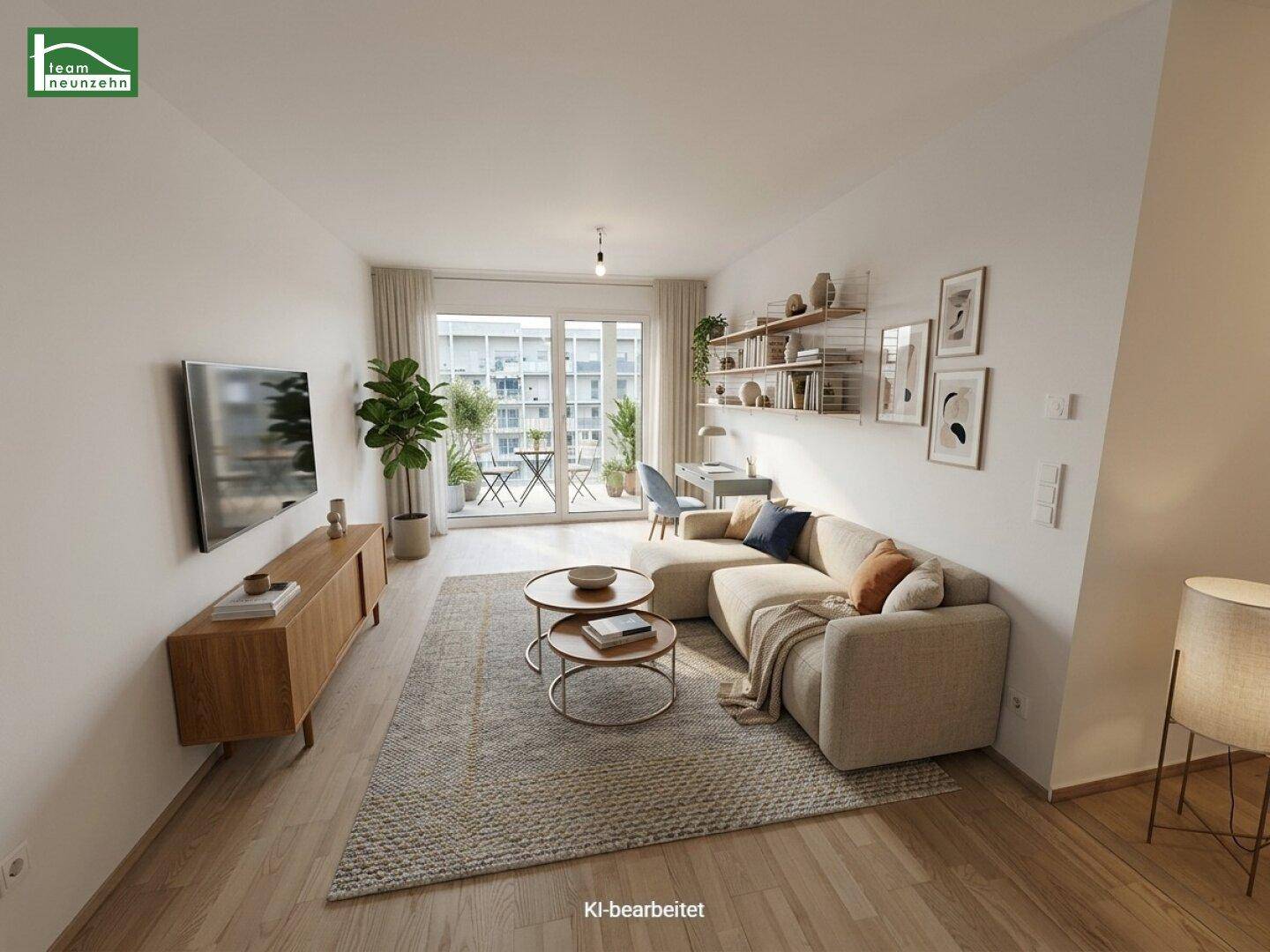 Virtuell inszeniertes Wohnzimmer mit modernem Sofa, TV und Zugang zu einem Balkon.
