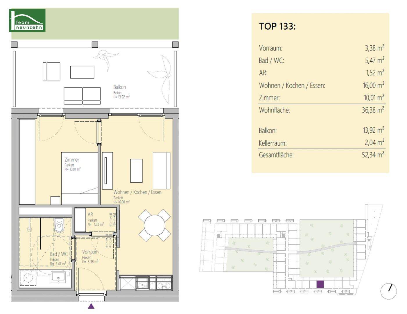 Grundriss für TOP 133 mit offenem Wohnbereich, Schlafzimmer, Bad und großem Balkon.