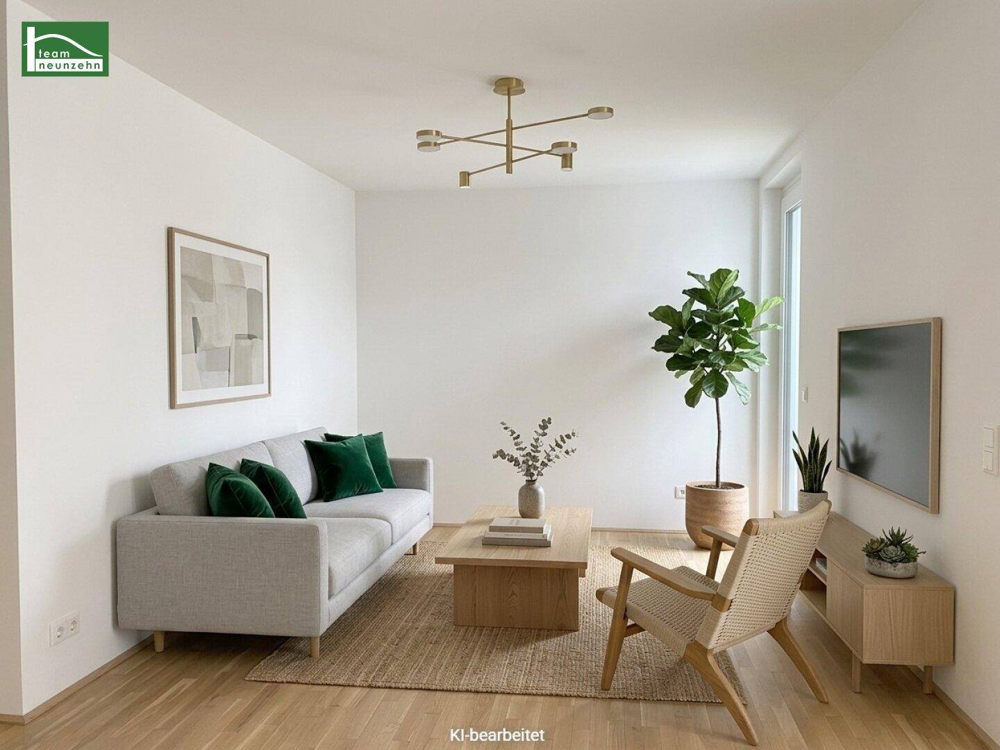 Modern eingerichtetes Wohnzimmer mit hellem Parkettboden und stilvoller Dekoration.