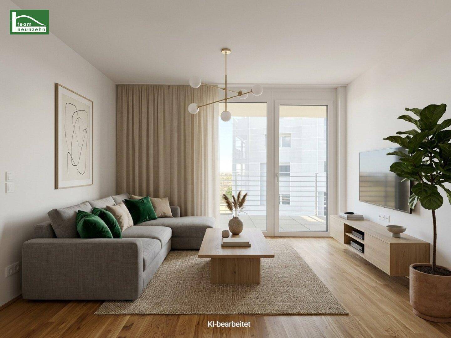 Virtuell inszeniertes Wohnzimmer mit modernem Sofa, Couchtisch und Zugang zum Balkon.