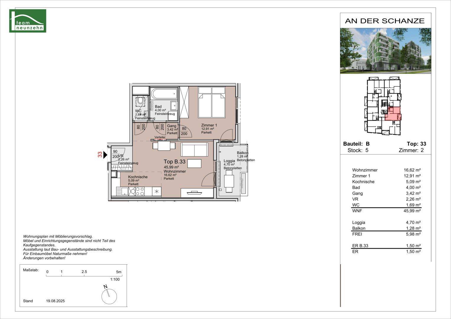 Grundriss der Wohnung Top 33 in Bauteil B mit zwei Zimmern und Balkon.
