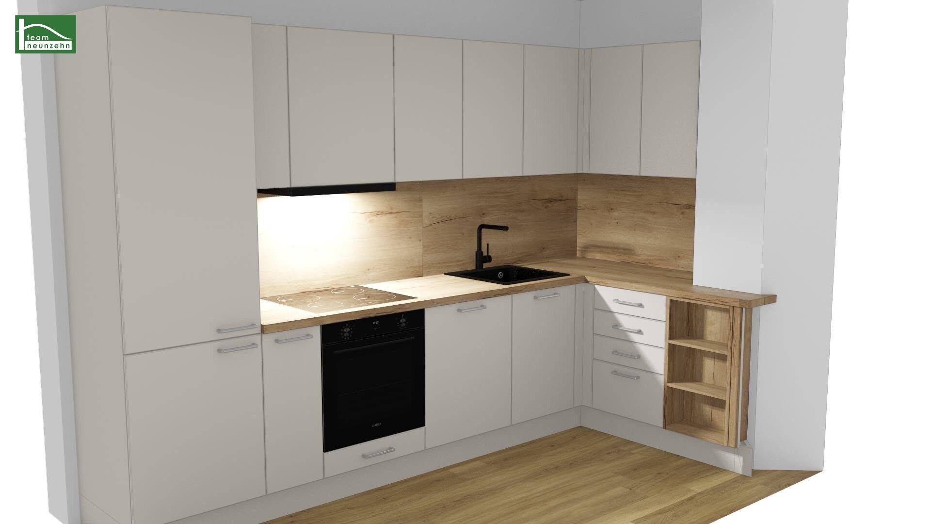 Moderne Einbauküche mit weißen Fronten, Holzdetails und integrierten Geräten.