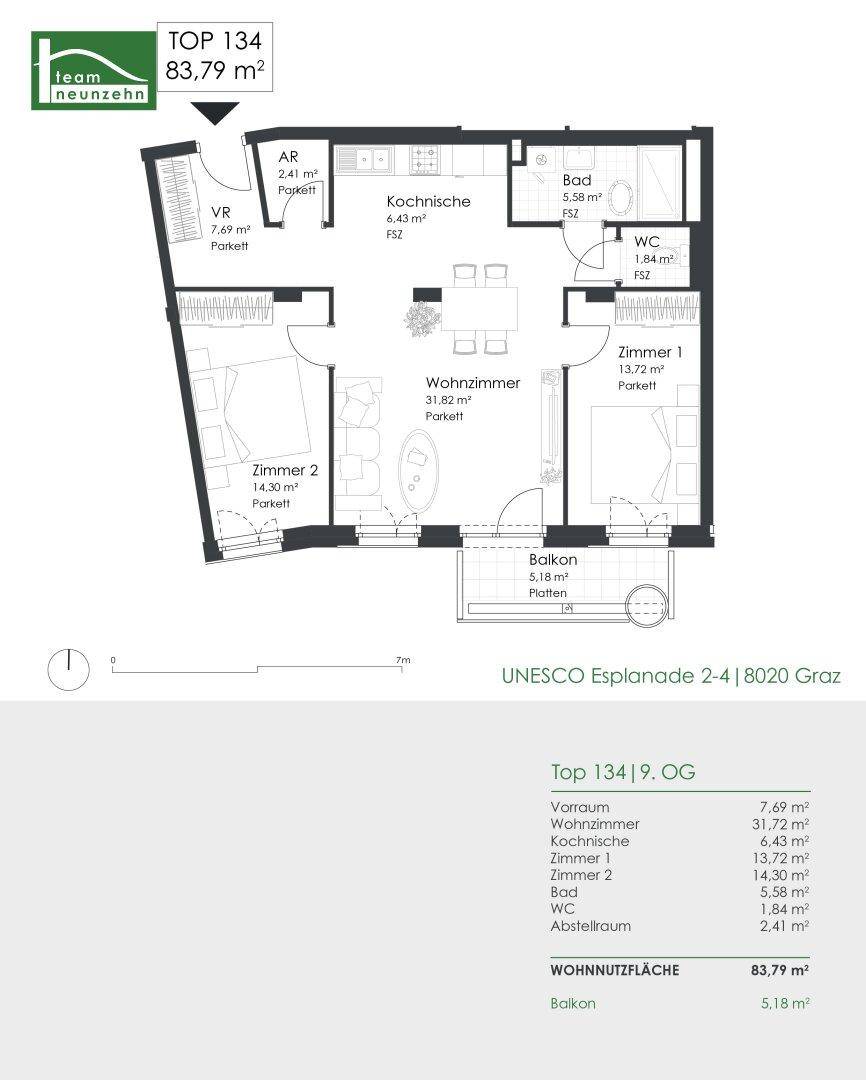 Grundriss einer Wohnung mit Wohnzimmer, zwei Schlafzimmern, Kochnische, Bad, separatem WC und Balkon.