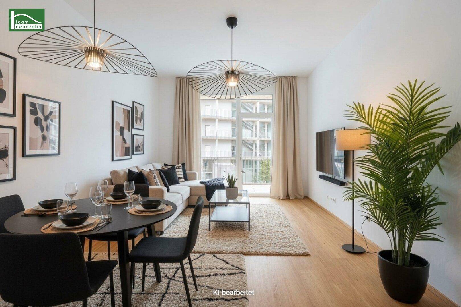 Heller Wohn- und Essbereich mit modernem Design, Holzboden und stilvollen Pendelleuchten.