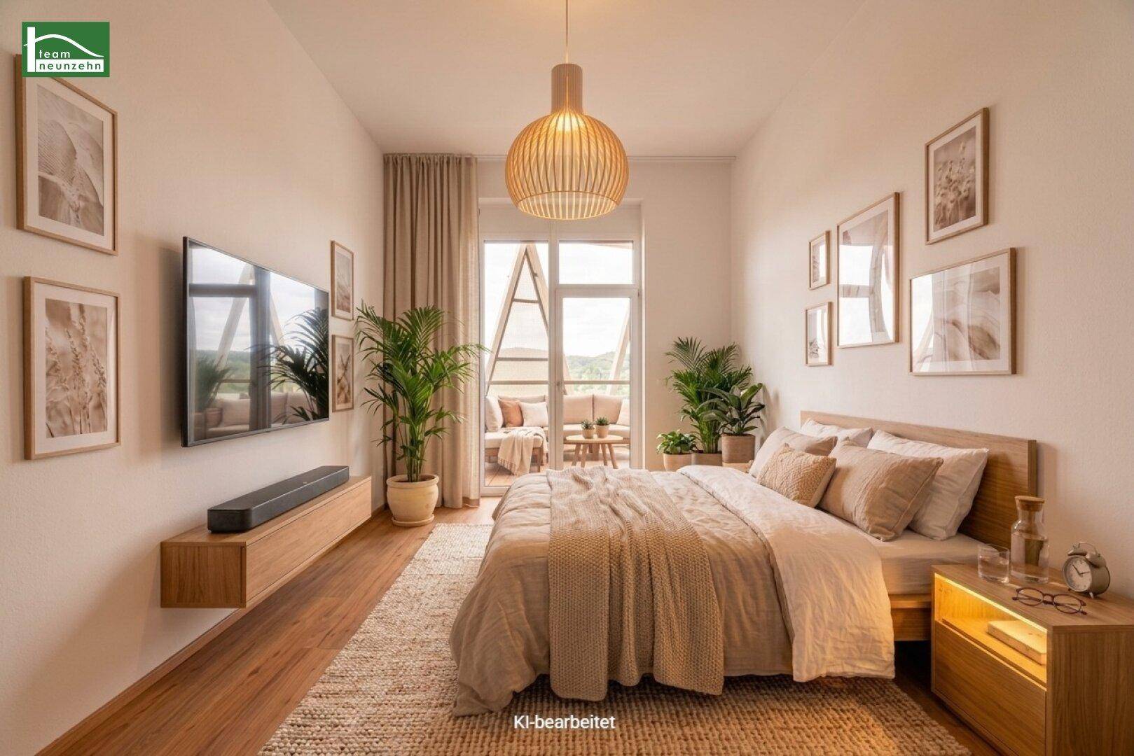 Helles Schlafzimmer mit Holzboden, modernem Bett und direktem Zugang zum Balkon.