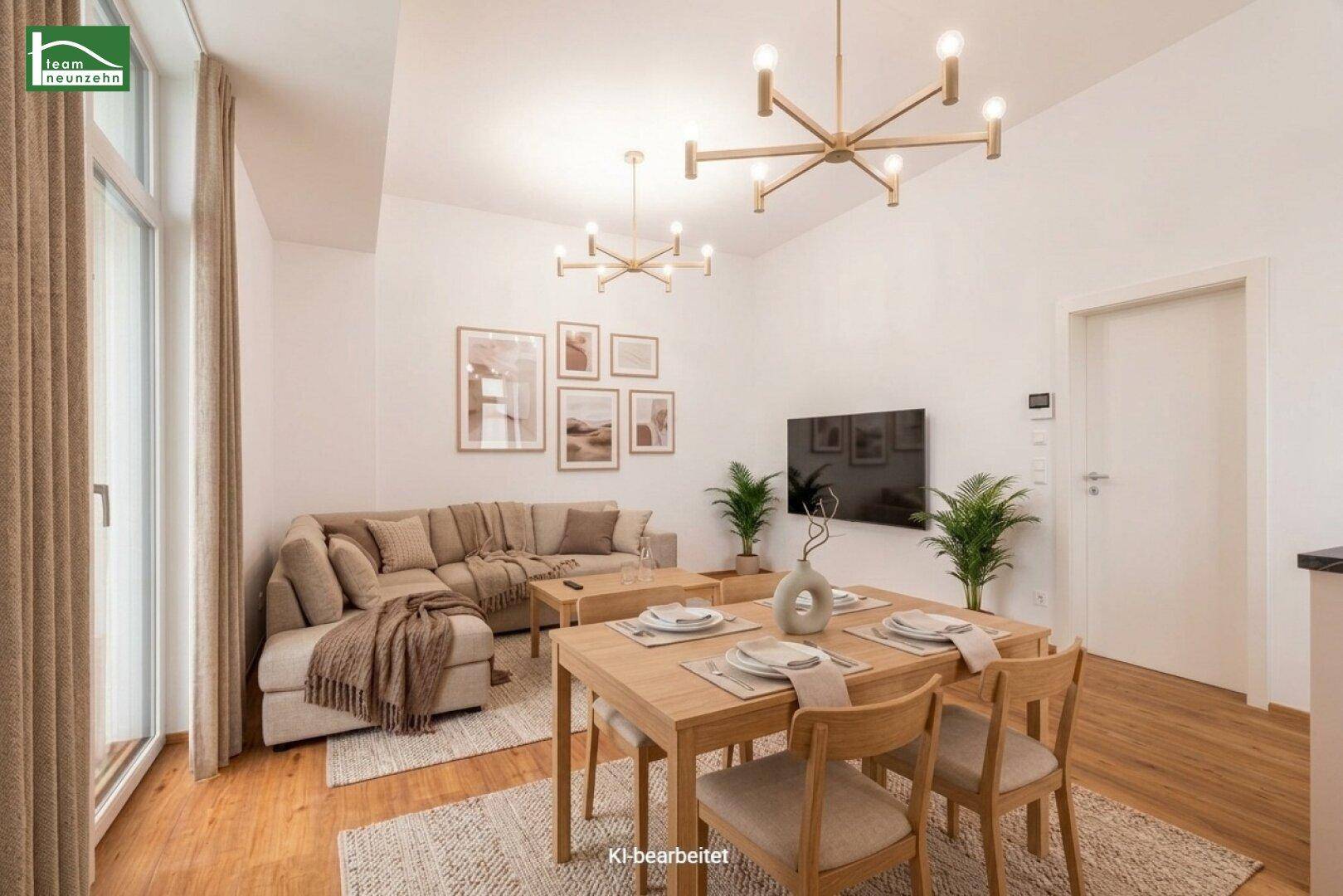 Offener Wohn-Essbereich mit modernem Sofa, Esstisch und Holzboden.