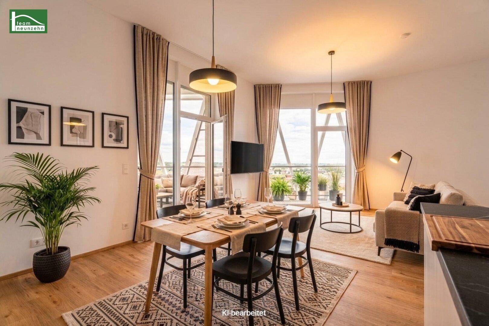 Offener Wohn- und Essbereich mit modernem Esstisch, Sofa und Zugang zu einem sonnigen Balkon.