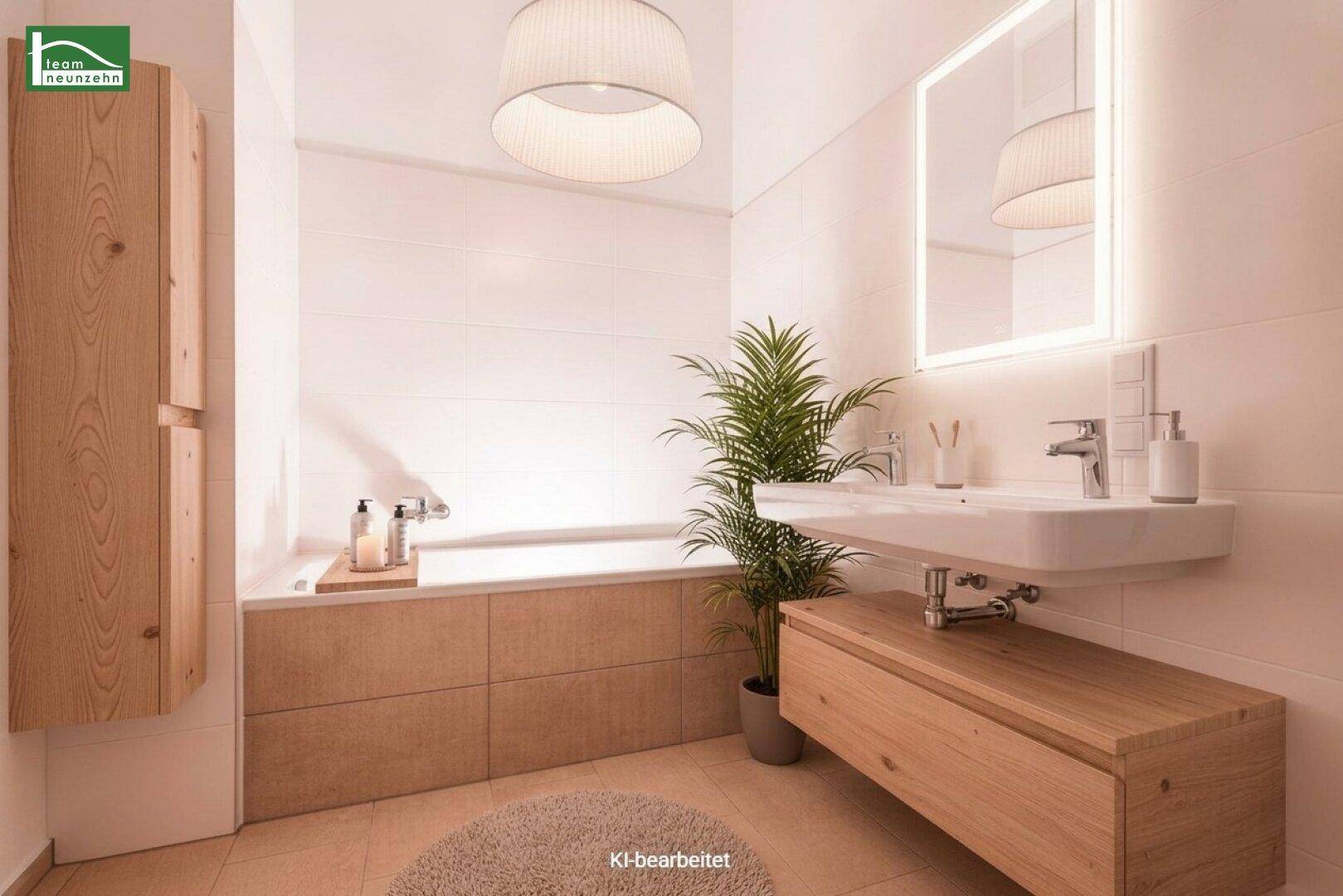 Modernes Badezimmer mit Badewanne, schwebendem Waschtisch und beleuchtetem Spiegel.