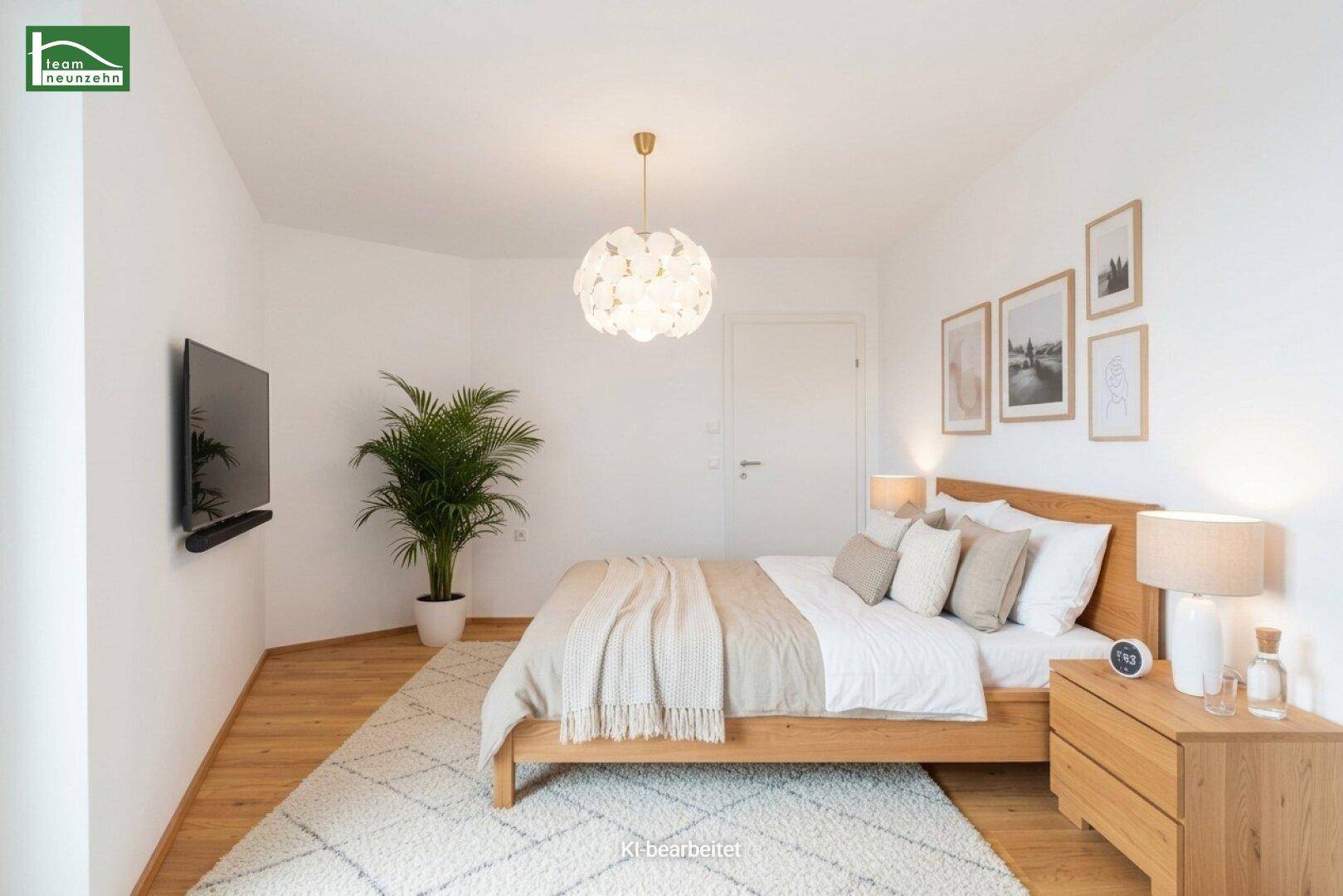 Gemütliches Schlafzimmer mit Holzbett, Nachttisch und modernem Deckenlicht.