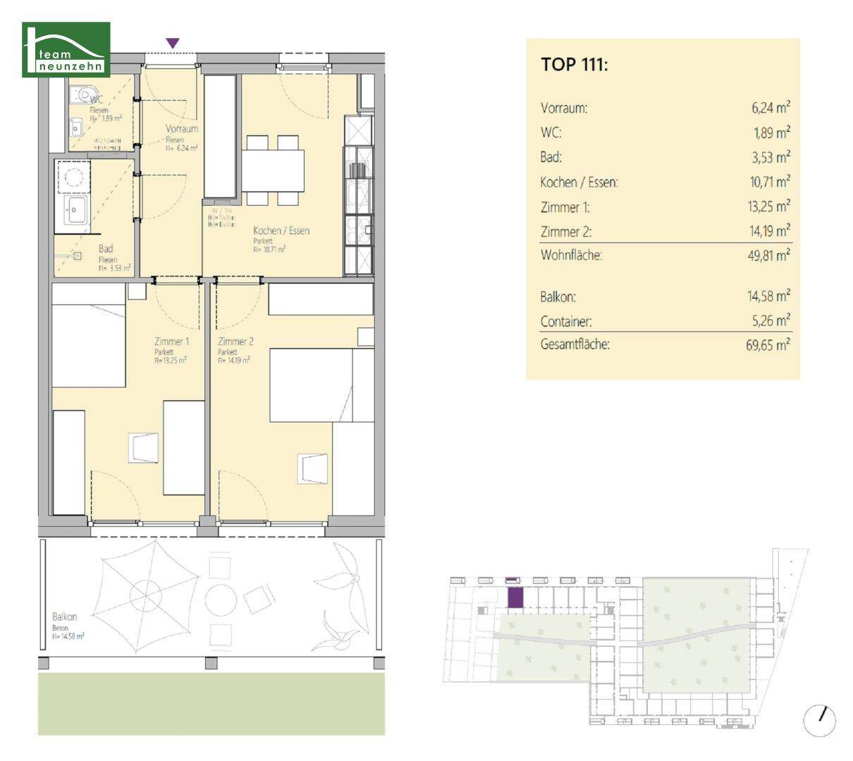 Detaillierter Grundriss der Wohnung TOP 111 mit Raumaufteilung und Flächenangaben.