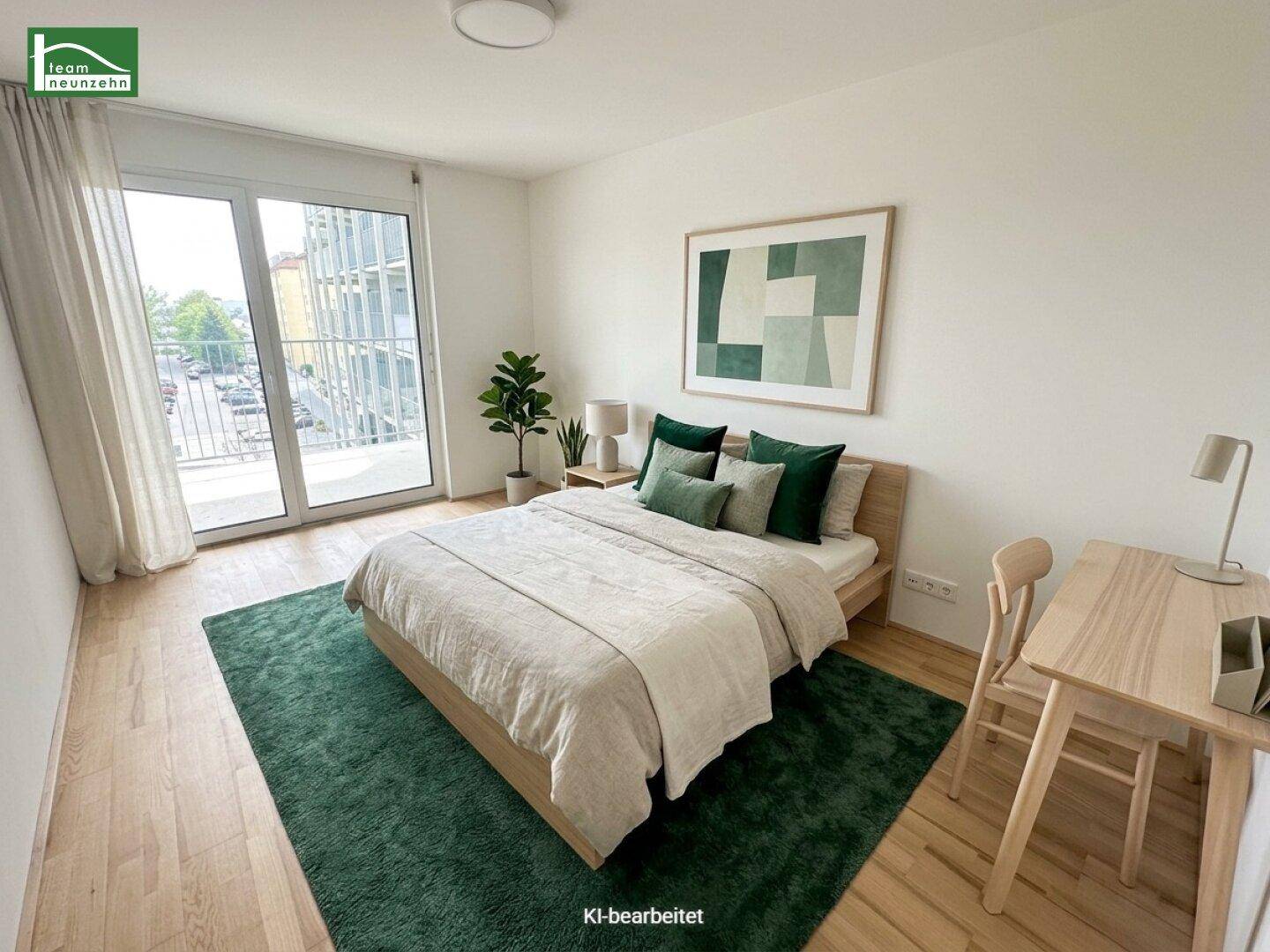 Modern eingerichtetes Schlafzimmer mit Holzboden, großem Fenster und Zugang zum Balkon.