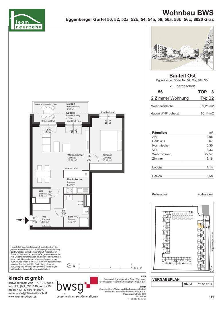 Grundriss einer 2-Zimmer-Wohnung mit Loggia und Balkon.