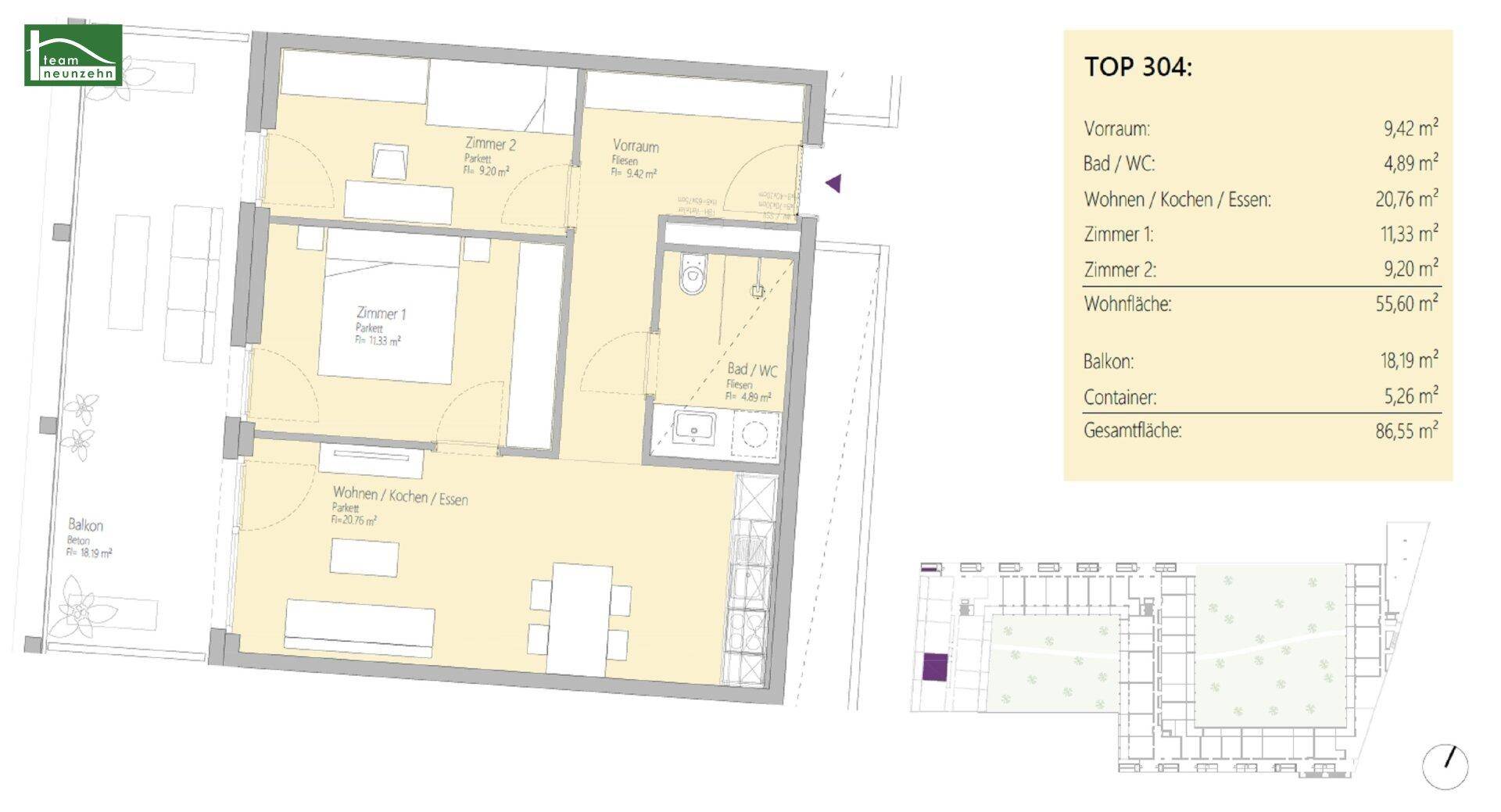 Grundriss der Wohnung TOP 304 mit zwei Schlafzimmern, offenem Wohnbereich und Balkon.