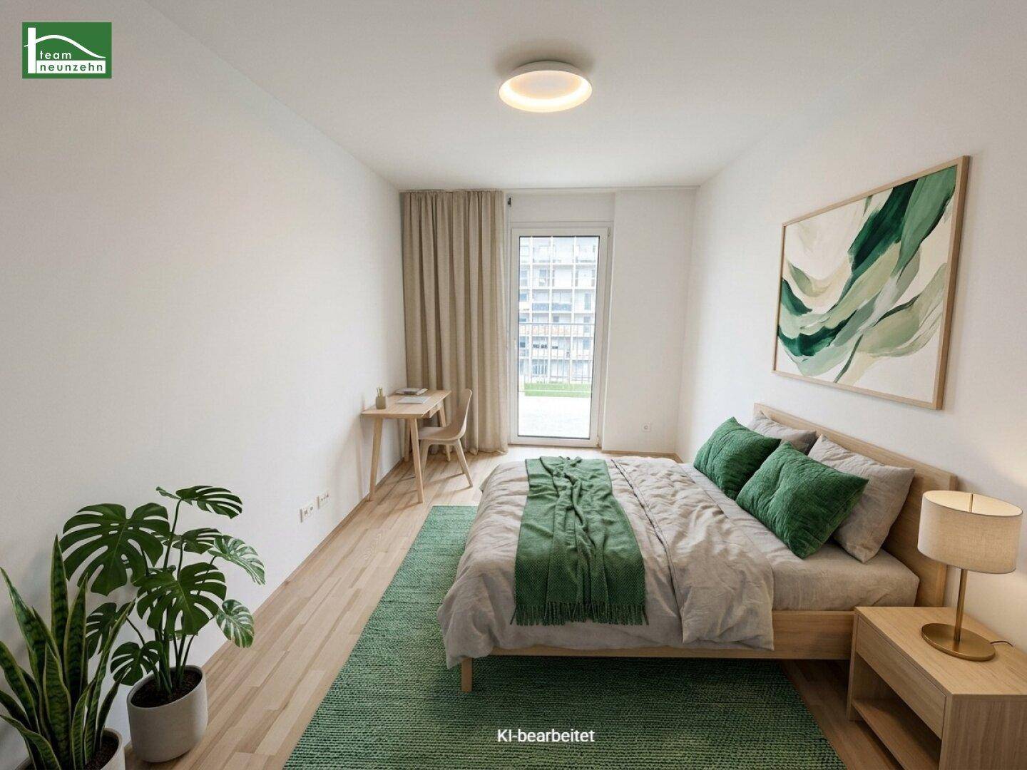 Gemütliches Schlafzimmer mit Holzboden, modernem Bett und Zugang zu einem Außenbereich.