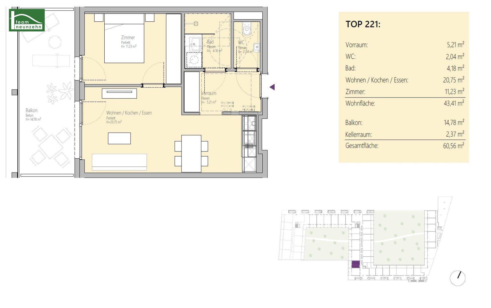 Detaillierter Grundriss der Wohnung TOP 221 mit Wohn-Essbereich, Schlafzimmer und Balkon.