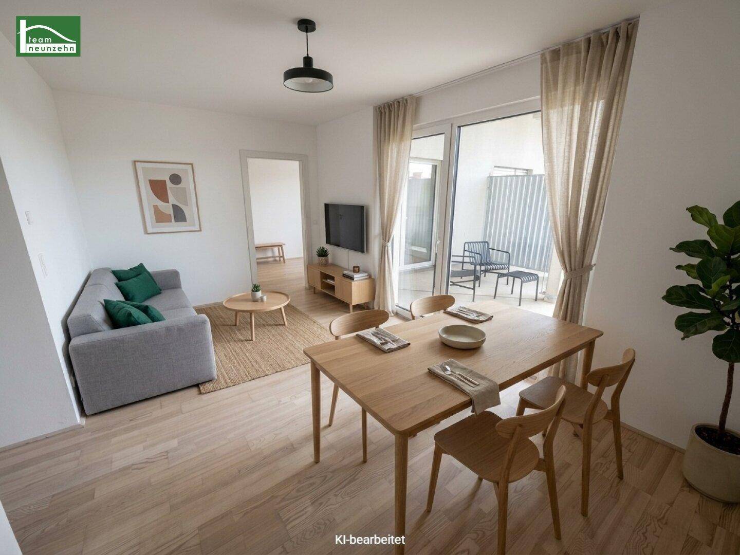 Gemütlicher Wohn-Essbereich mit modernem Mobiliar, hellem Parkett und Zugang zur Terrasse.