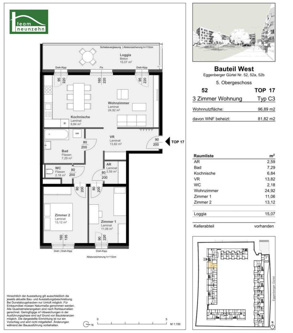 Detaillierter Grundriss einer 3-Zimmer-Wohnung mit Loggia und Kellerabteil.