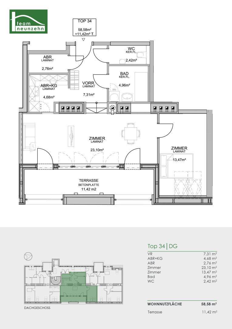 Grundriss der Dachgeschosswohnung Top 34 mit Terrasse und zwei Zimmern.