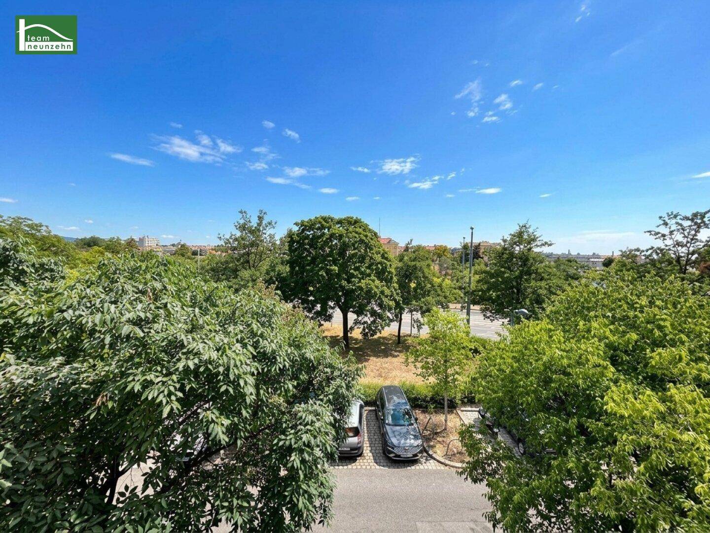 Weitläufiger Blick ins Grüne mit Bäumen und parkenden Autos unter blauem Himmel.