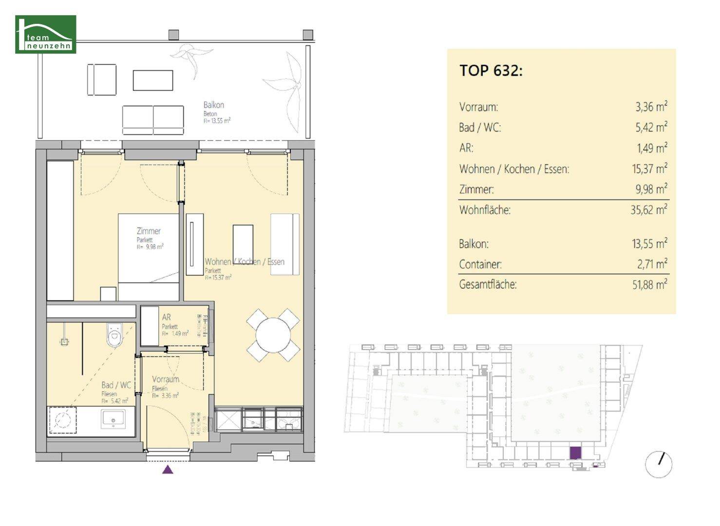 Detaillierter Grundriss der Wohnung TOP 632 mit Raumaufteilung und Flächenangaben.