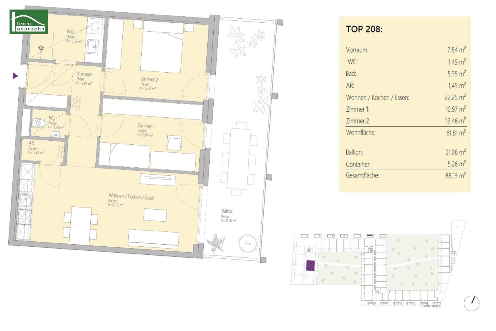 Grundriss der Wohnung TOP 208 mit 61,81 m² Wohnfläche und 21,06 m² Balkon.
