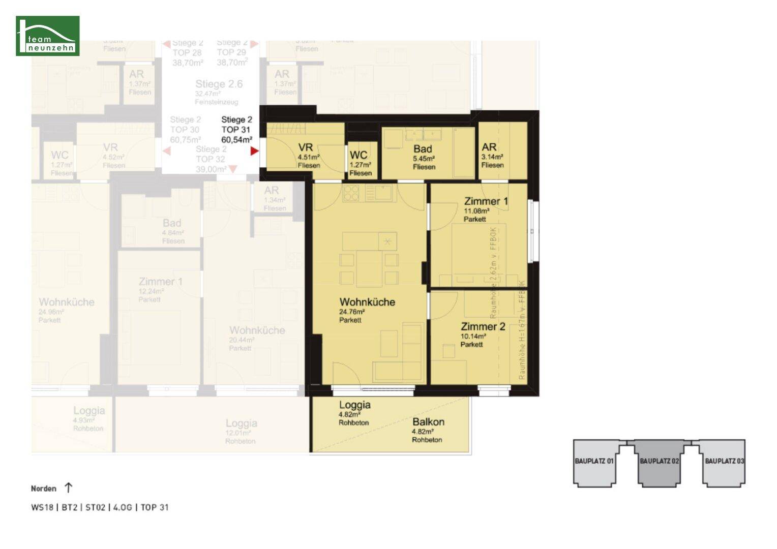 Grundriss der Wohnung Top 31 mit zwei Zimmern, Loggia und Balkon.