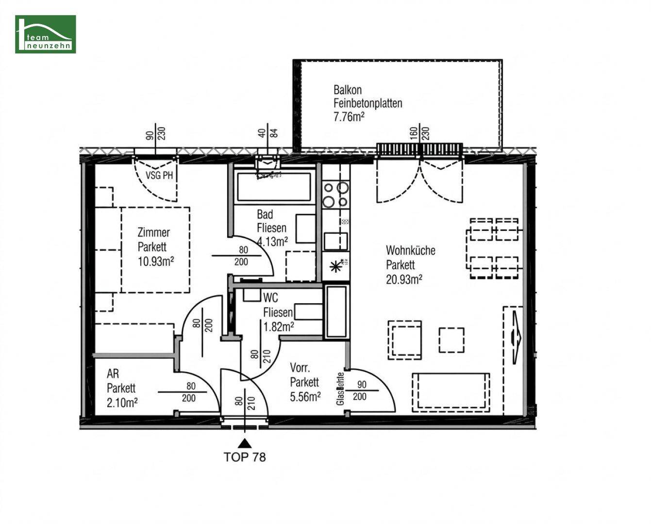 Detaillierter Grundriss der Wohnung mit Zimmeraufteilung, Bad, WC und Balkon von 7.76m².