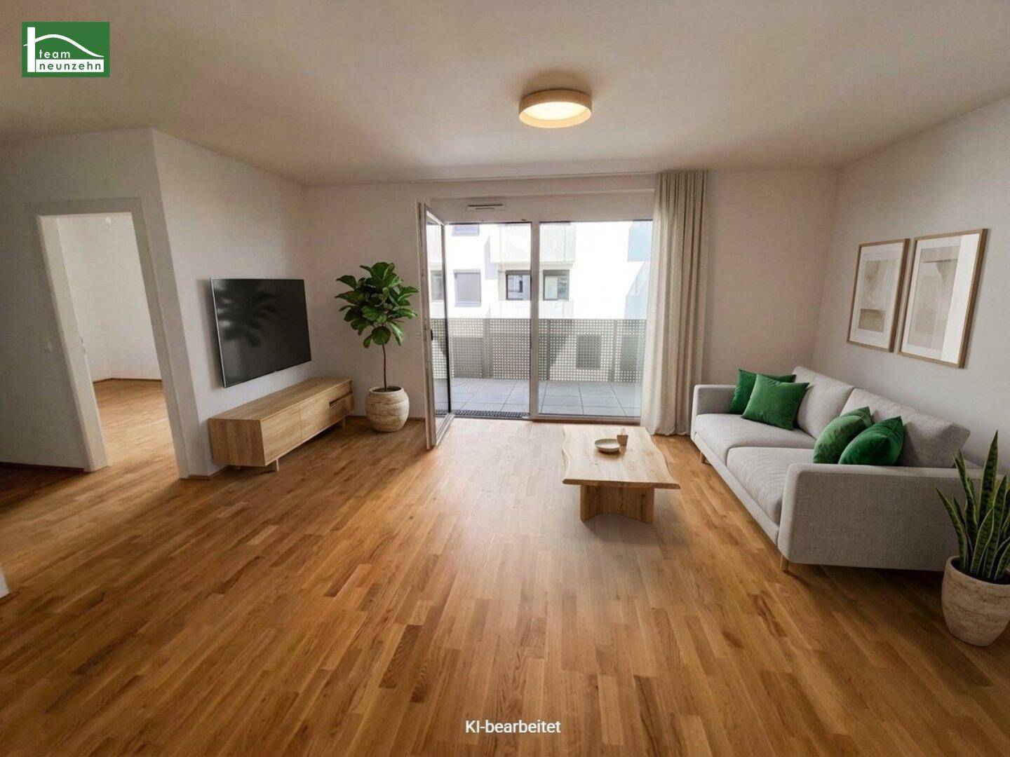 Modern eingerichtetes Wohnzimmer mit Parkettboden, Sofa und Zugang zur Terrasse.