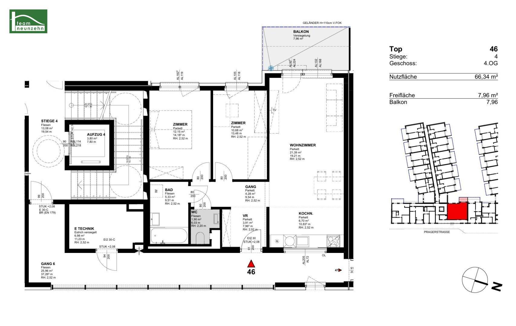 Grundriss der Wohnung Top 46 mit 66,34 m² Nutzfläche und Balkon.