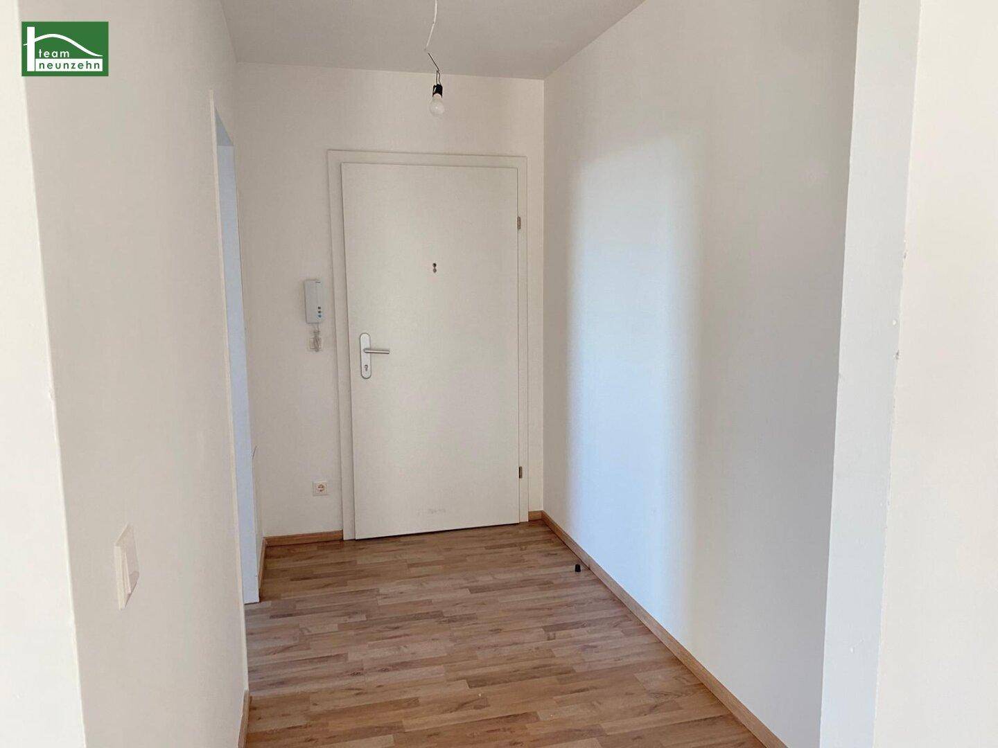 Heller Eingangsbereich mit Laminatboden und weißer Eingangstür, sauber und einladend.