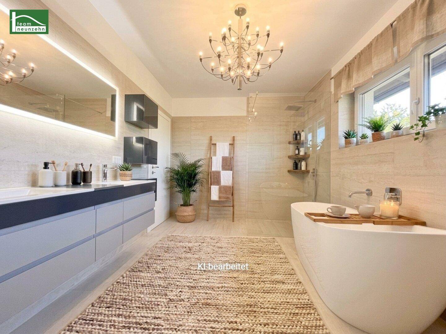 Modernes Badezimmer mit freistehender Badewanne, Doppelwaschbecken und großer begehbarer Dusche.