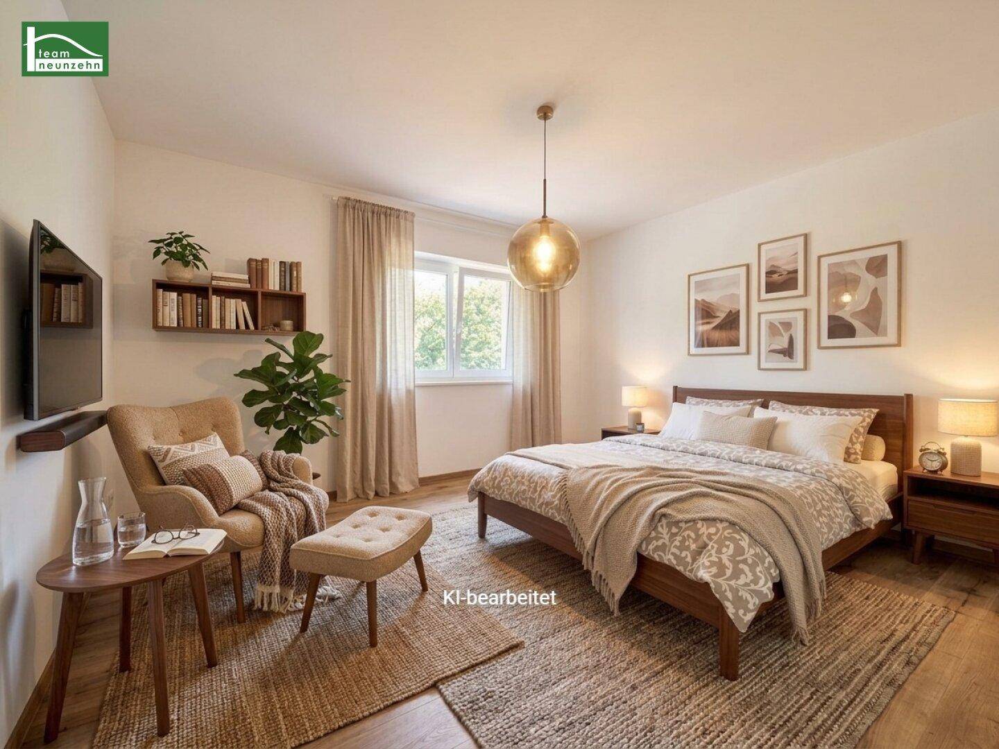 Gemütliches Schlafzimmer mit Doppelbett, Lesesessel und hellem Holzboden.