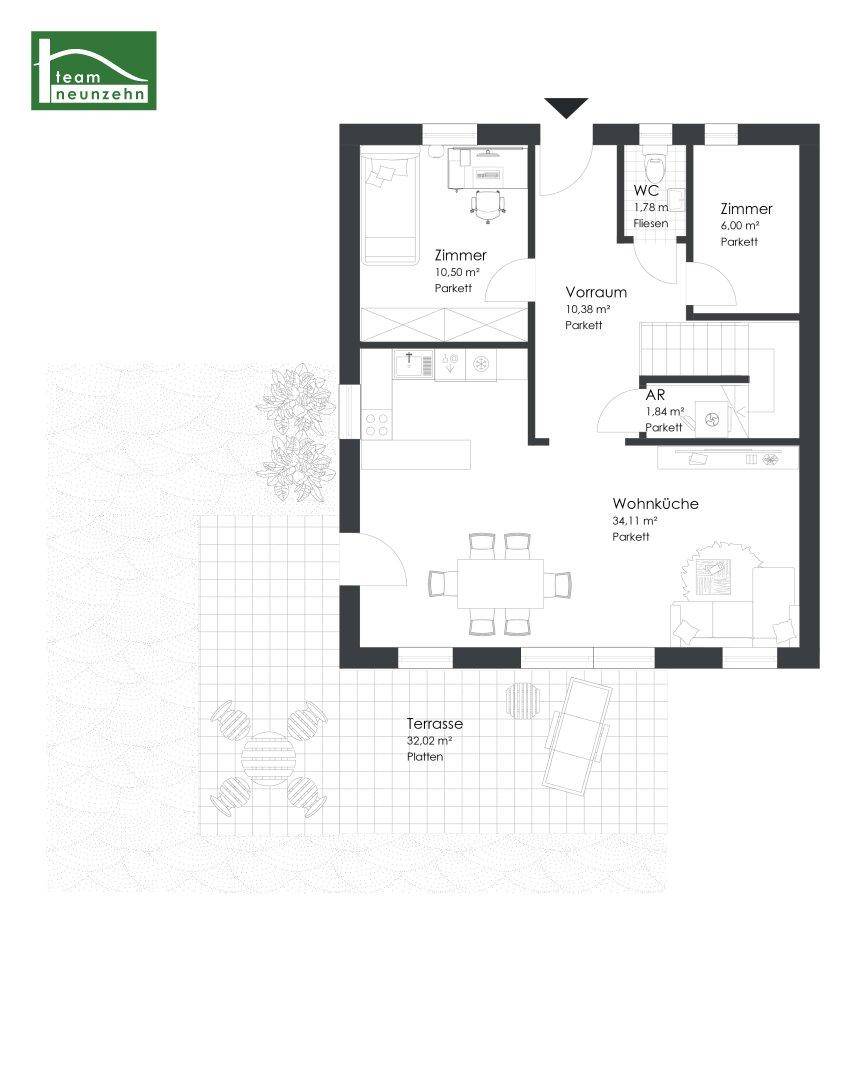 Grundriss des Erdgeschosses mit offener Wohnküche, WC und großer Terrasse.