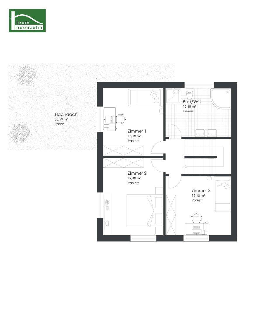 Grundriss des Obergeschosses mit drei Zimmern und einem Badezimmer.