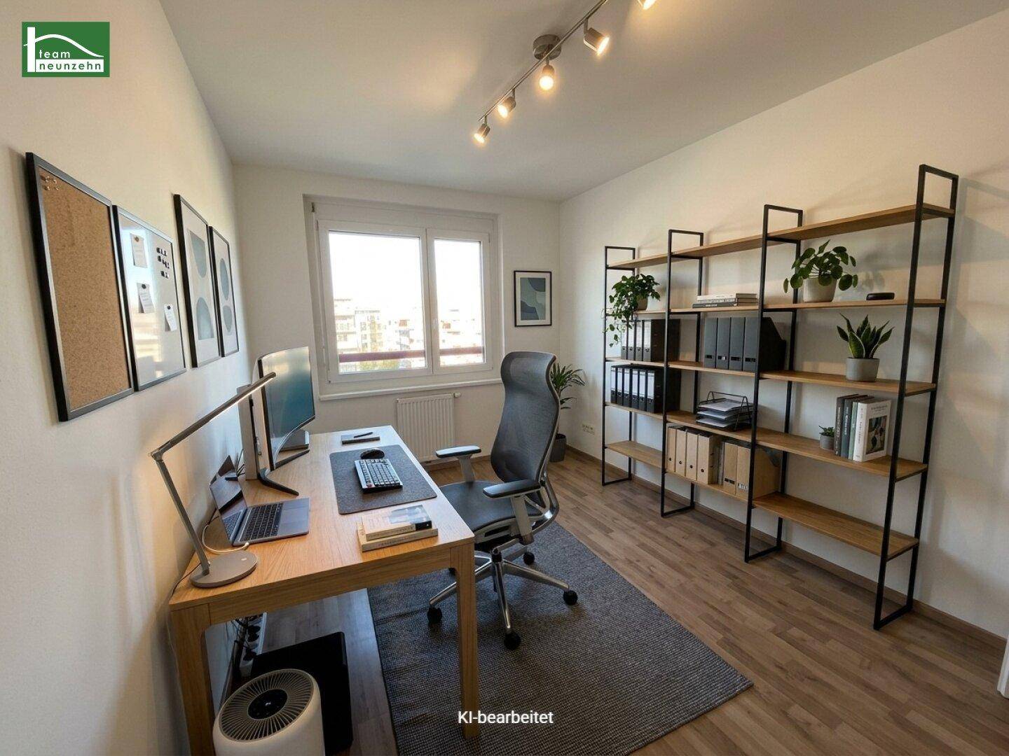 Modern eingerichtetes Arbeitszimmer mit Schreibtisch, Regal und Blick nach draußen, künstlich gestaltet.