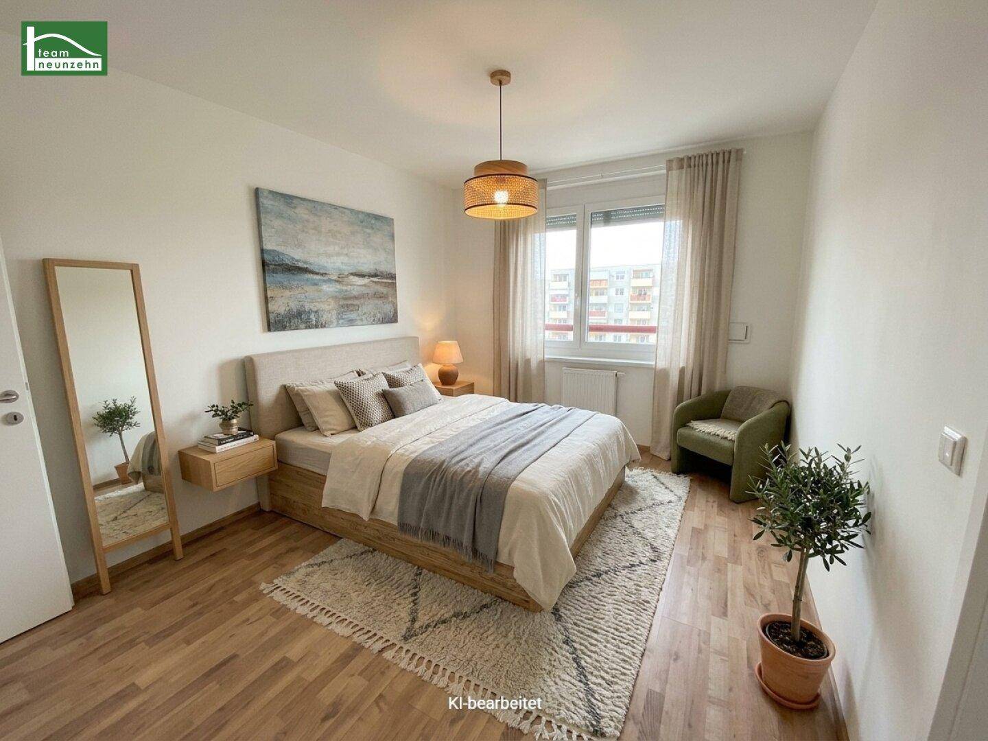Gemütliches Schlafzimmer mit Doppelbett, Nachttischen und Fenster mit Vorhängen, künstlich eingerichtet.
