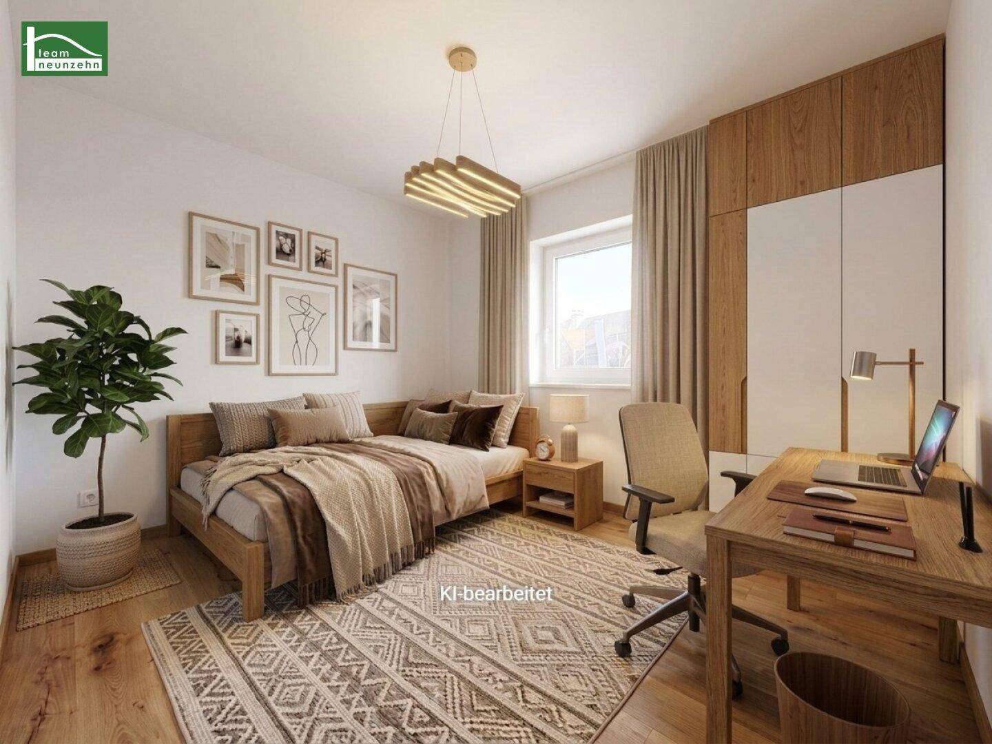 Gemütliches Schlafzimmer mit Holzboden, Schreibtisch und integriertem Kleiderschrank, ideal als Gäste- oder Kinderzimmer.