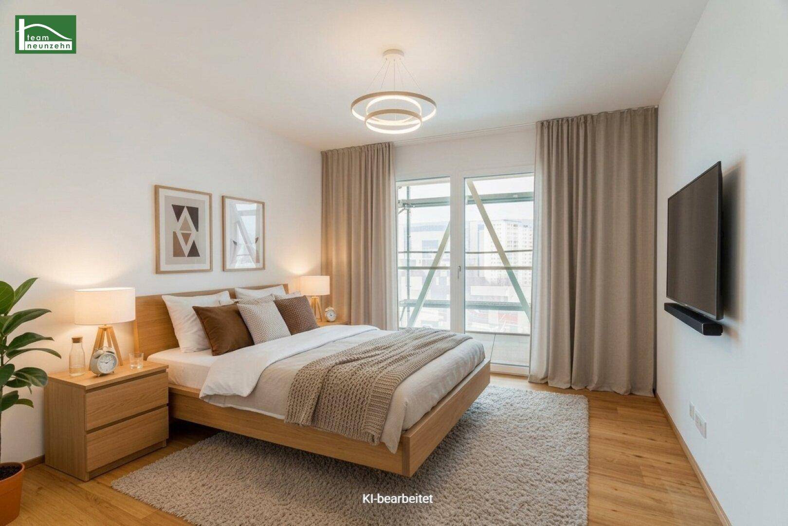 Gemütliches Schlafzimmer mit Holzbett, Parkettboden und großem Fenster.